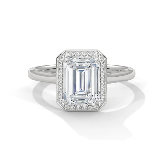 2.0ct Emerald Cut Moissanite Halo Solitaire Ring 925 Sterling Silver Engagement Band