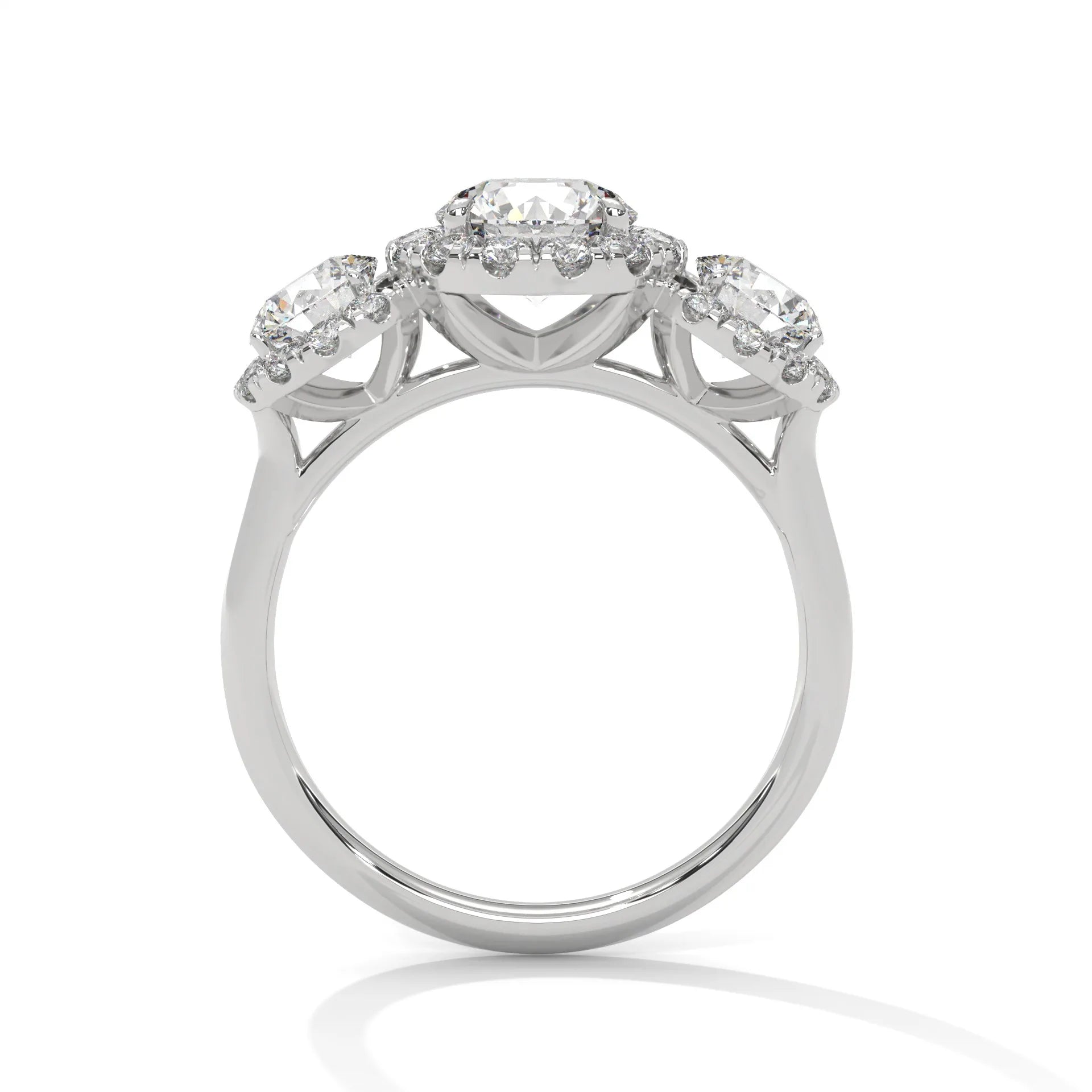 1.0ct Round Brilliant Cut Moissanite 3-Stone Halo Ring 925 Sterling Silver Engagement Band