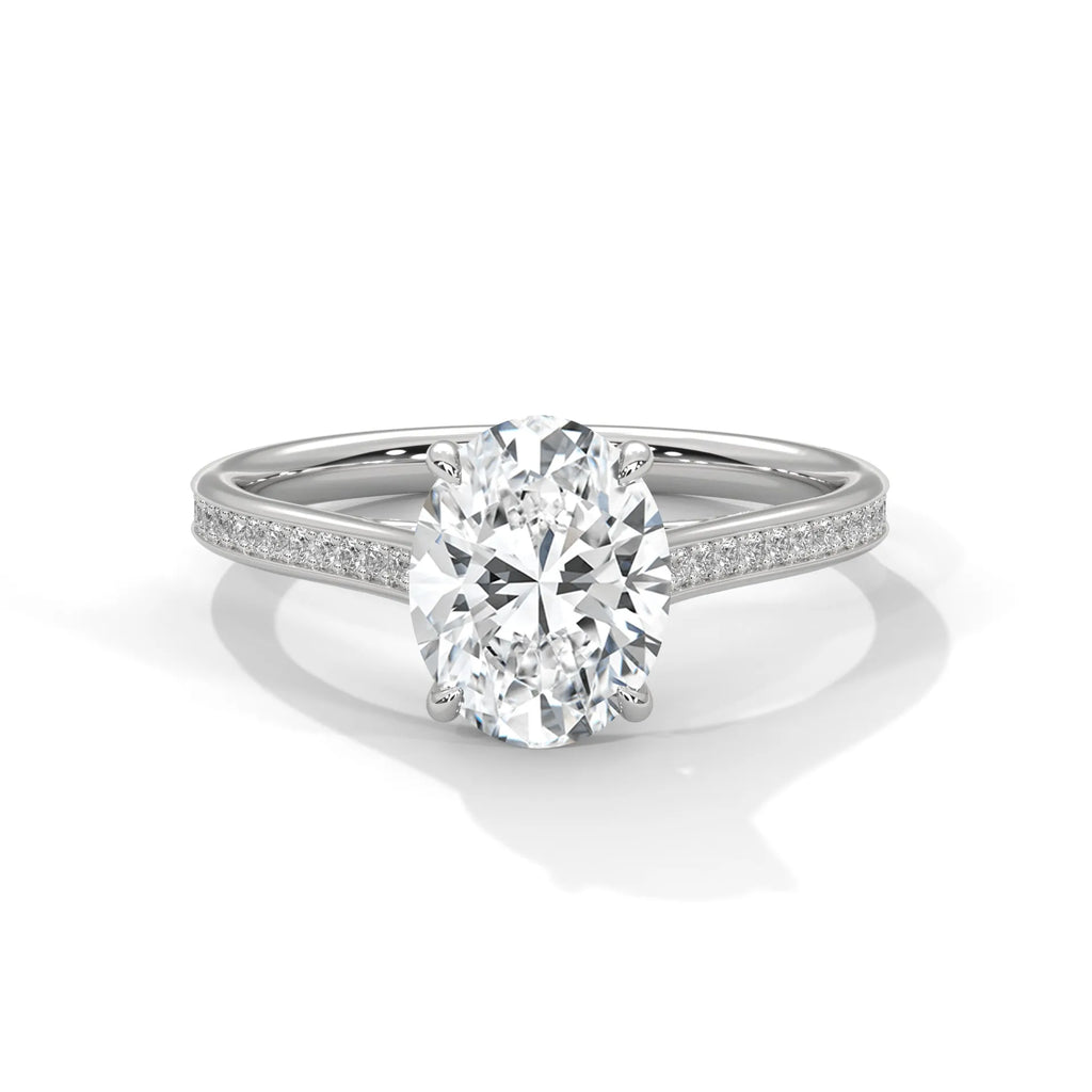 2.0ct Oval Cut Moissanite Solitaire Ring with Pave Set Band 925 Sterling Silver Engagement Band