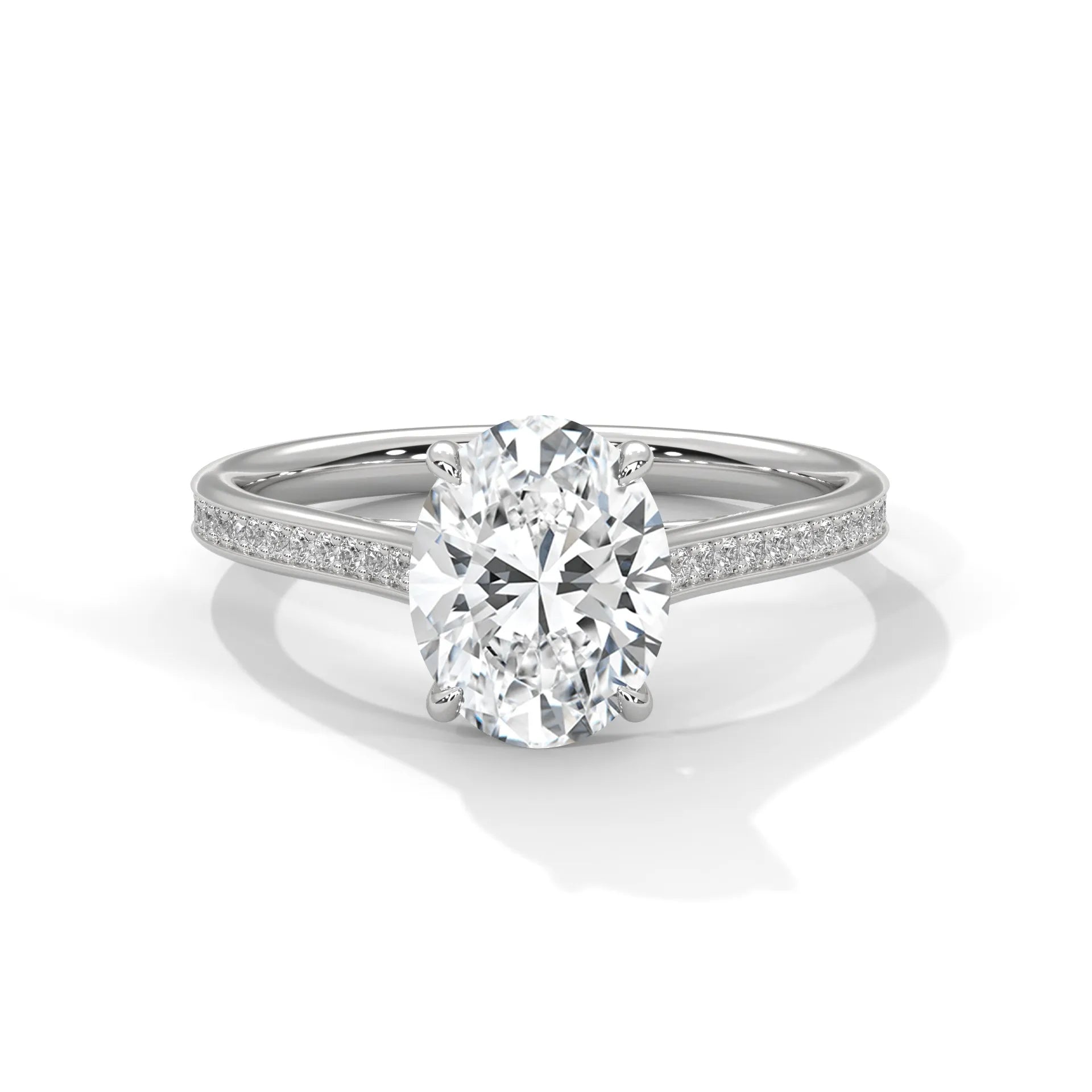2.0ct Oval Cut Moissanite Solitaire Ring with Pave Set Band 925 Sterling Silver Engagement Band