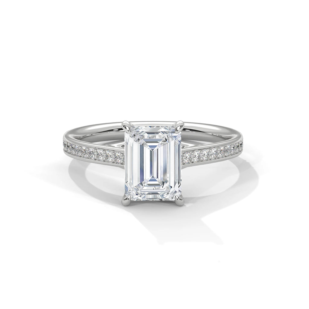 2.0ct Emerald Cut Moissanite Solitaire Ring 925 Sterling Silver Pave Set Engagement Band