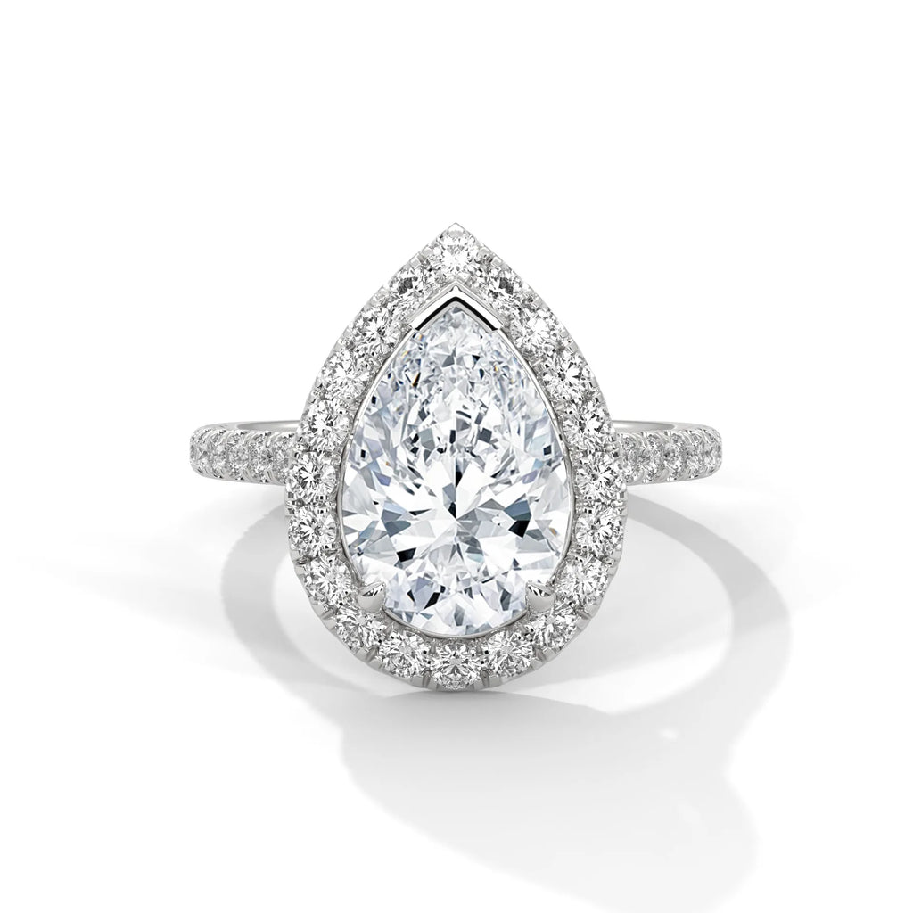 3.0ct Pear Cut Moissanite Halo Solitaire Ring with Pave Set Band 925 Sterling Silver