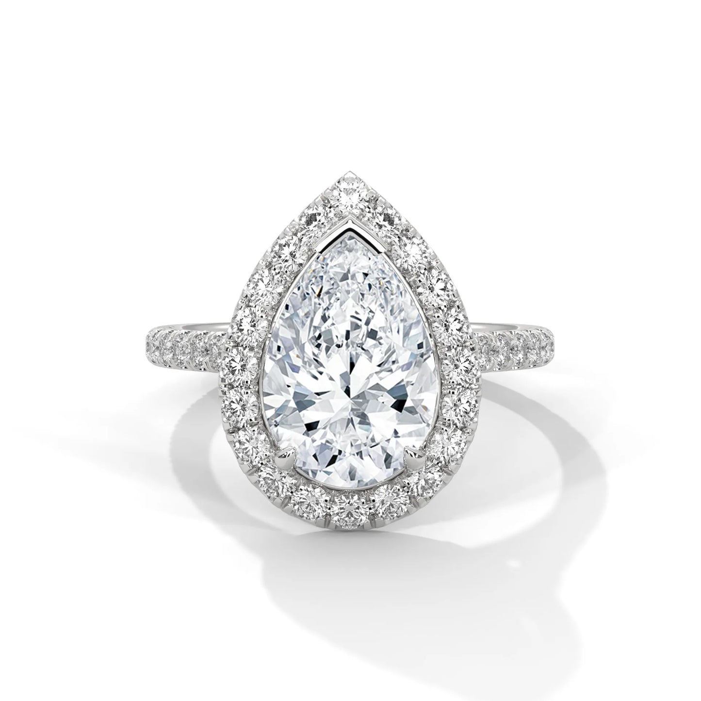 3.0ct pear cut moissanite halo solitaire ring with pave set band 925 sterling silver
