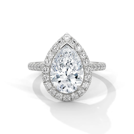 3.0ct Pear Cut Moissanite Halo Solitaire Ring with Pave Set Band 925 Sterling Silver