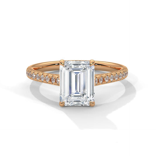 2.0ct Emerald Cut Moissanite Solitaire Ring with Pave Set Band 925 Sterling Silver