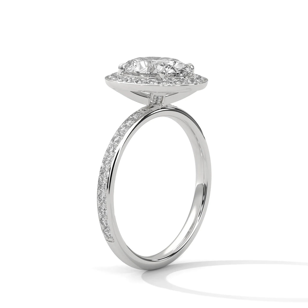2.0ct Oval Cut Moissanite Halo Solitaire Ring with Pave Set Band 925 Sterling Silver Engagement Band