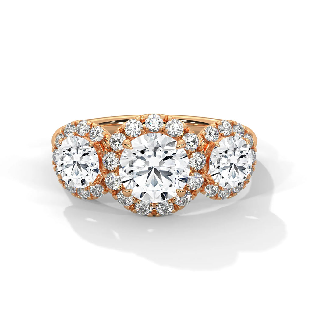 1.0ct Round Brilliant Cut Moissanite 3-Stone Halo Ring 925 Sterling Silver Engagement Band