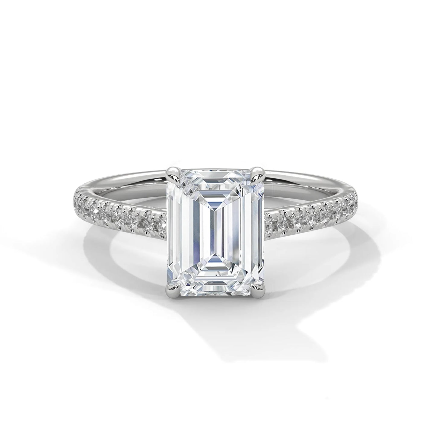 2.0ct emerald cut moissanite solitaire ring with pave set band 925 sterling silver