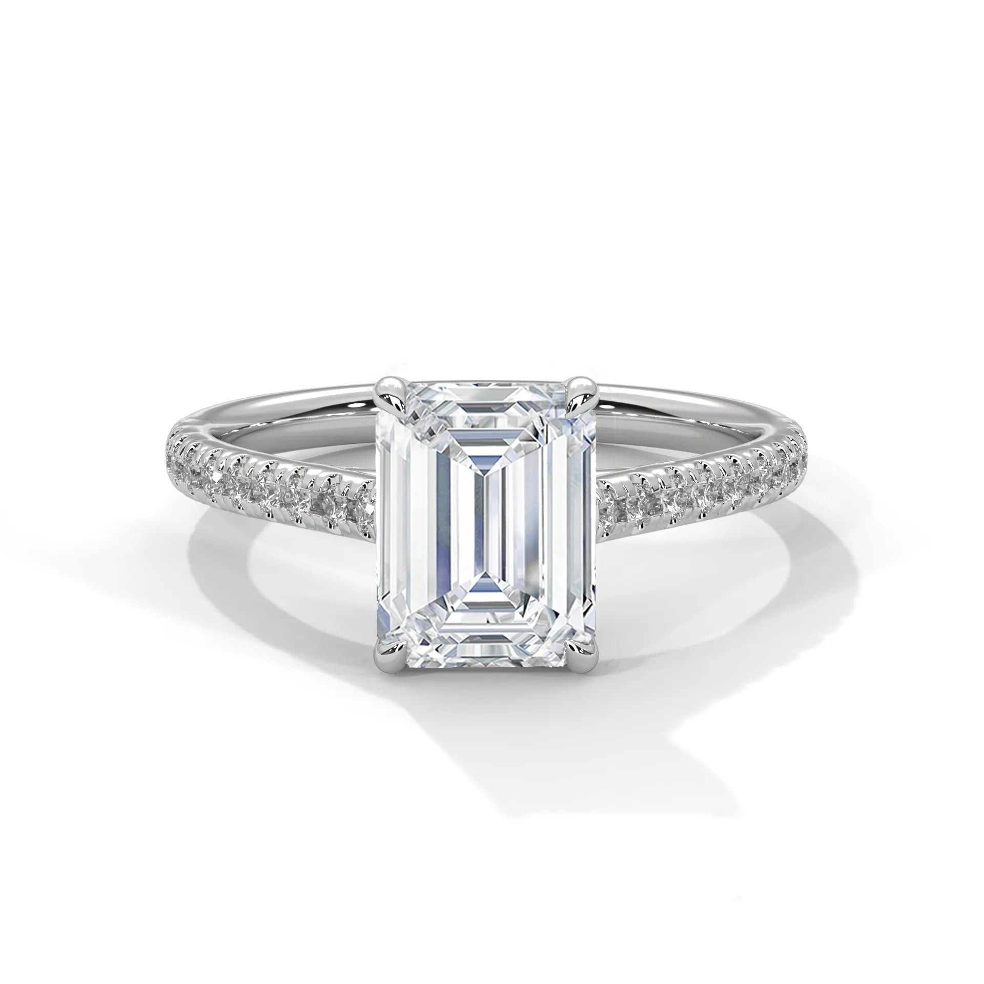 2.0ct Emerald Cut Moissanite Solitaire Ring with Pave Set Band 925 Sterling Silver