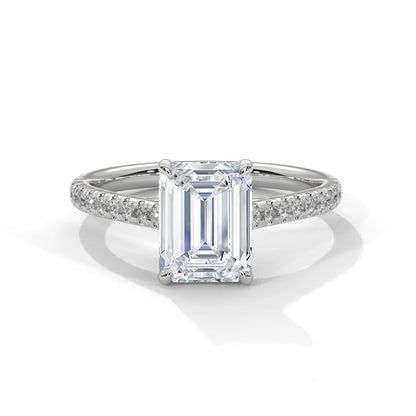 2.0ct Emerald Cut Moissanite Solitaire Ring with Pave Set Band 925 Sterling Silver
