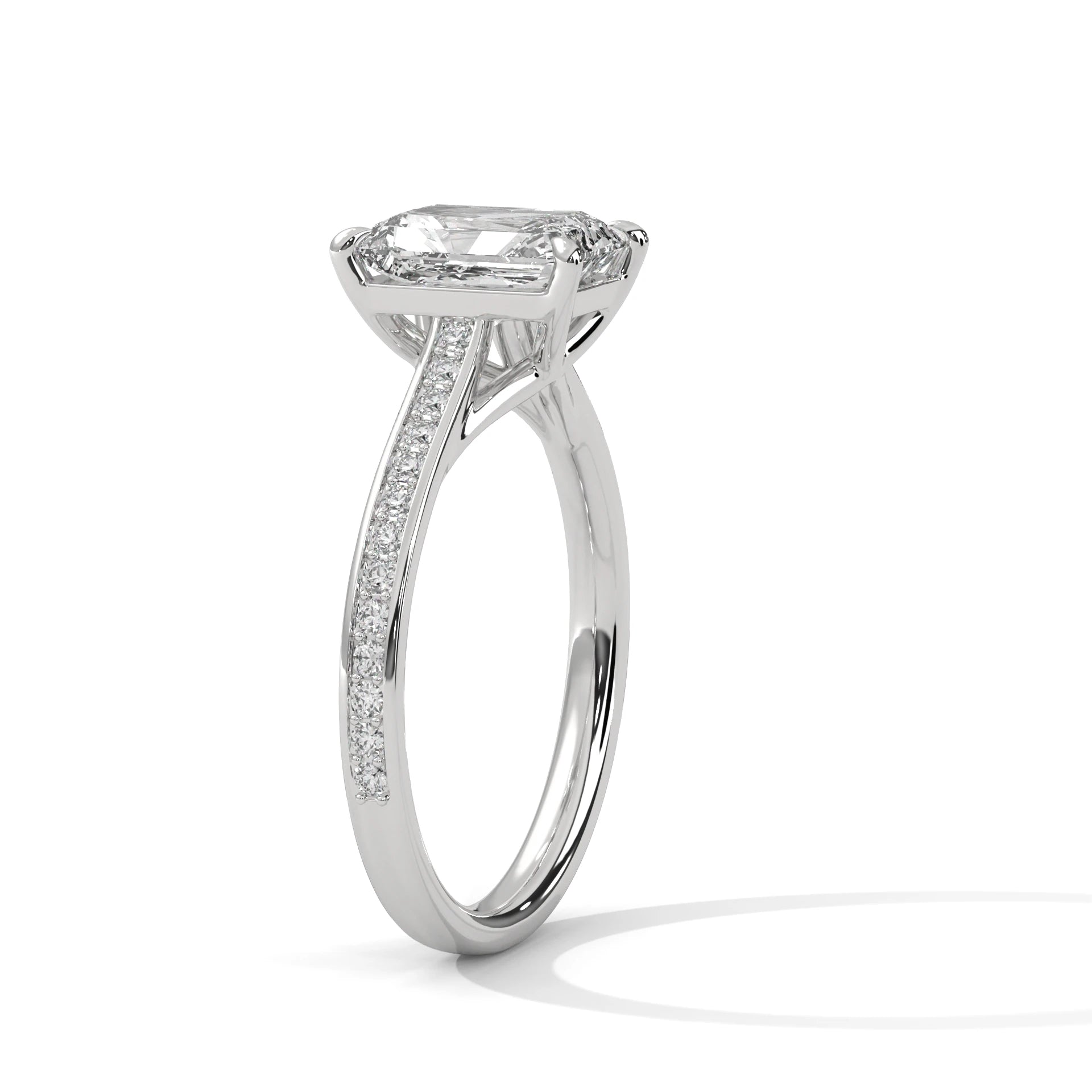 2.0ct Emerald Cut Moissanite Solitaire Ring 925 Sterling Silver Pave Set Engagement Band