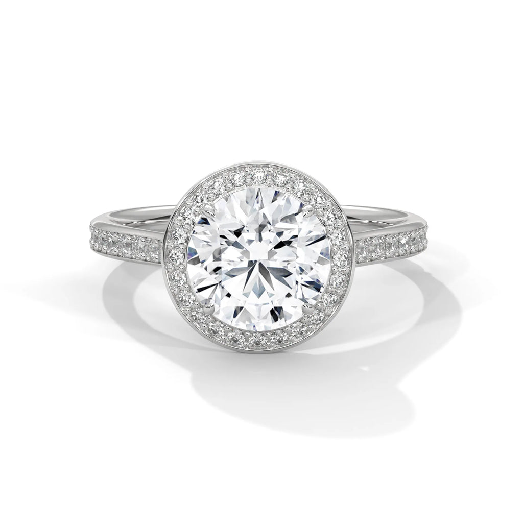 2.0ct Round Brilliant Cut Moissanite Halo Solitaire Ring with Pave Band 925 Sterling Silver