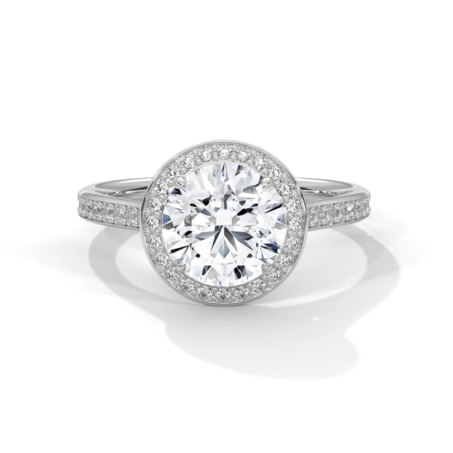 2.0ct round brilliant cut moissanite halo solitaire ring with pave band 925 sterling silver