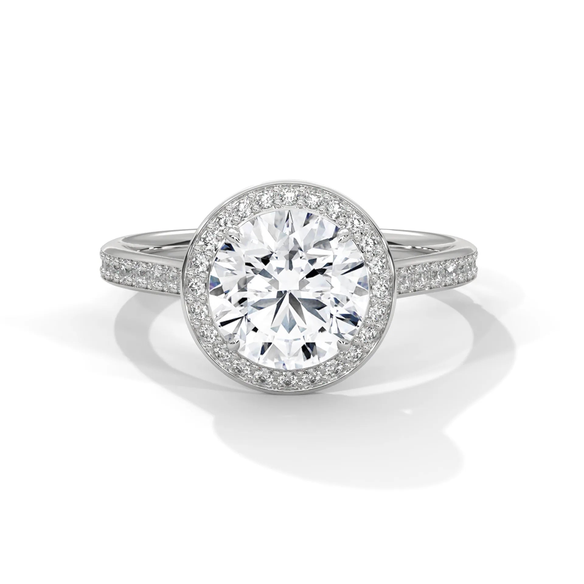 2.0ct Round Brilliant Cut Moissanite Halo Solitaire Ring with Pave Band 925 Sterling Silver