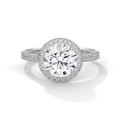 2.0ct Round Brilliant Cut Moissanite Halo Solitaire Ring with Pave Band 925 Sterling Silver