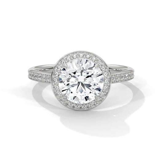 2.0ct Round Brilliant Cut Moissanite Halo Solitaire Ring with Pave Band 925 Sterling Silver