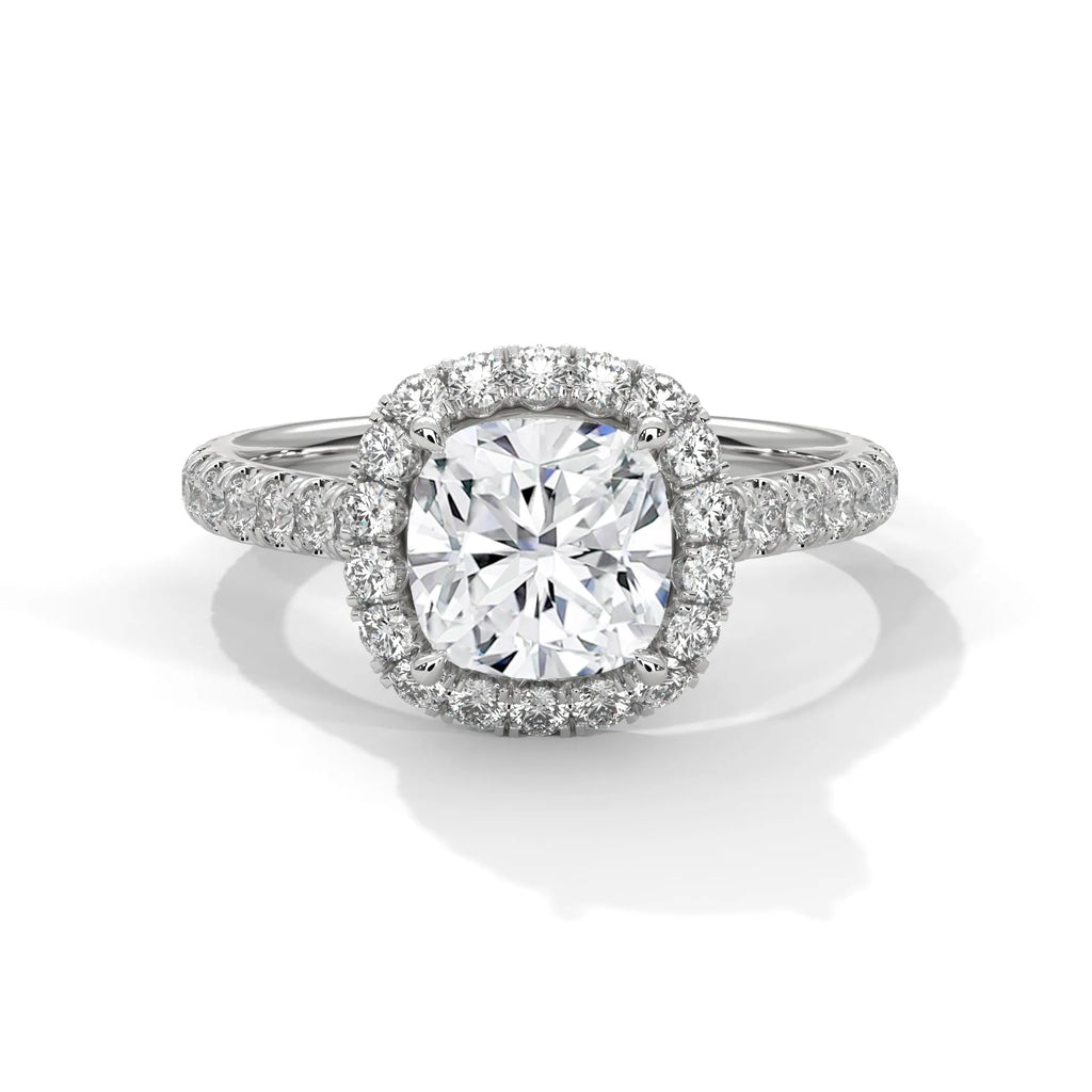 2.0ct Cushion Cut Moissanite Halo Solitaire Ring with Pave Band 925 Sterling Silver