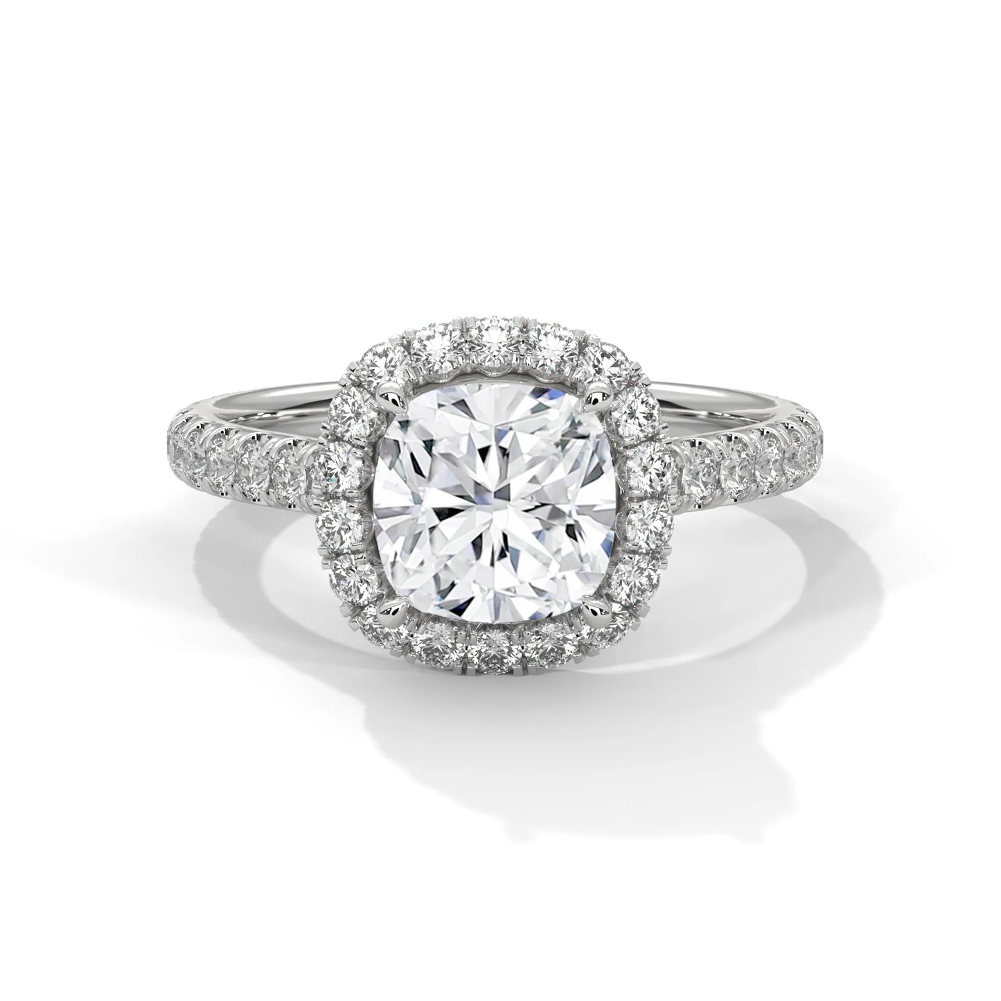 2.0ct cushion cut moissanite halo solitaire ring with pave band 925 sterling silver