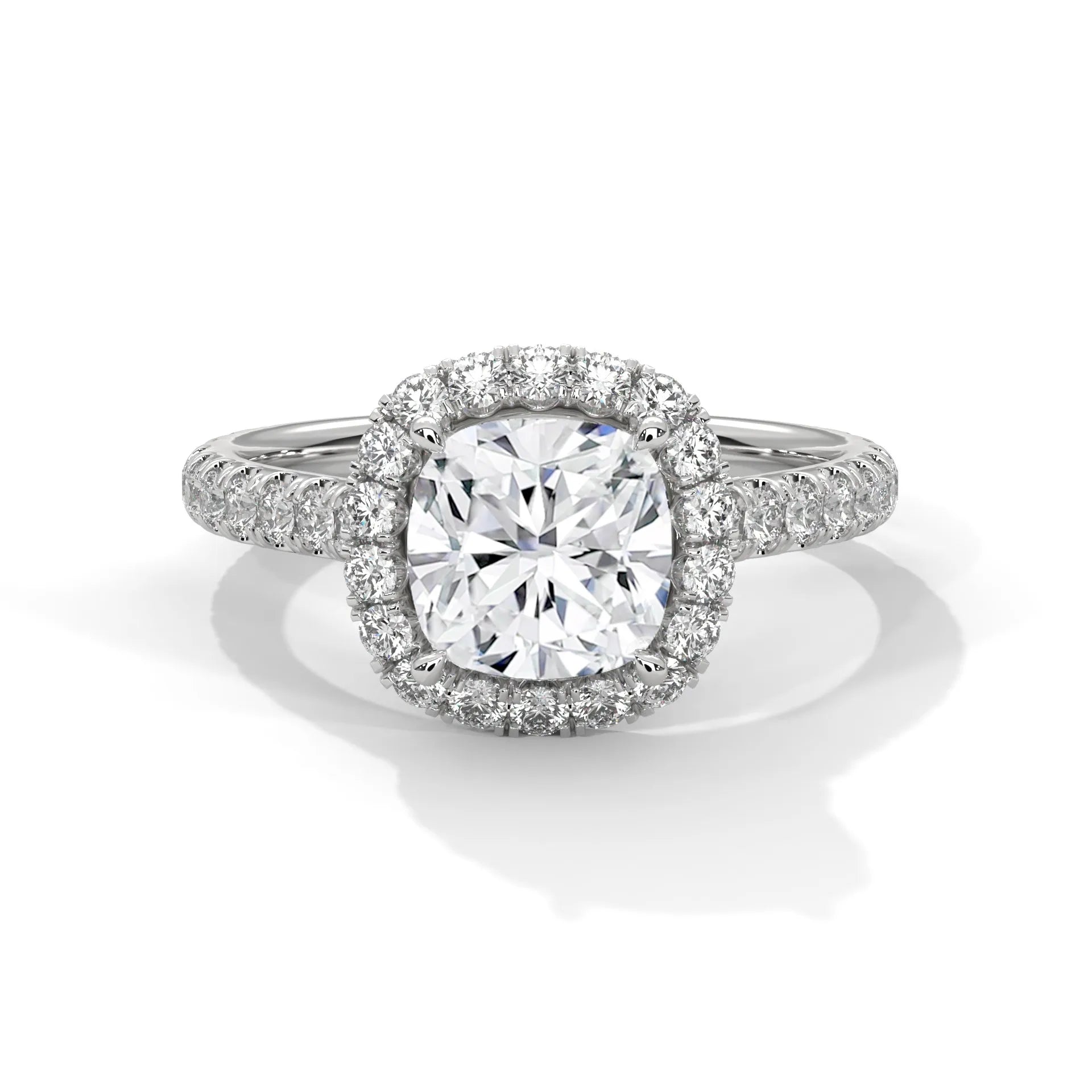 2.0ct Cushion Cut Moissanite Halo Solitaire Ring with Pave Band 925 Sterling Silver