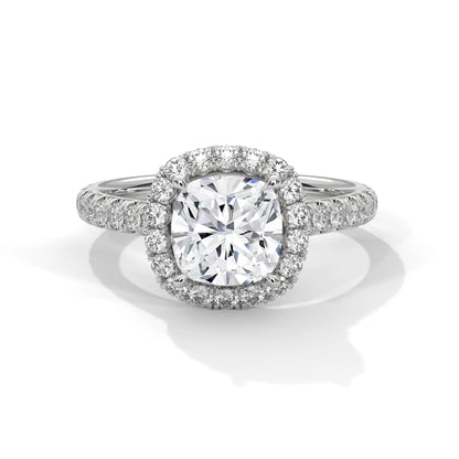 2.0ct Cushion Cut Moissanite Halo Solitaire Ring with Pave Band 925 Sterling Silver