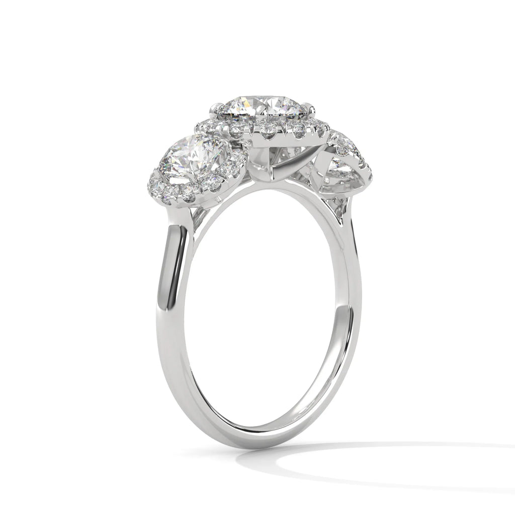 1.0ct Round Brilliant Cut Moissanite 3-Stone Halo Ring 925 Sterling Silver Engagement Band