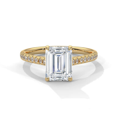 2.0ct Emerald Cut Moissanite Solitaire Ring with Pave Set Band 925 Sterling Silver