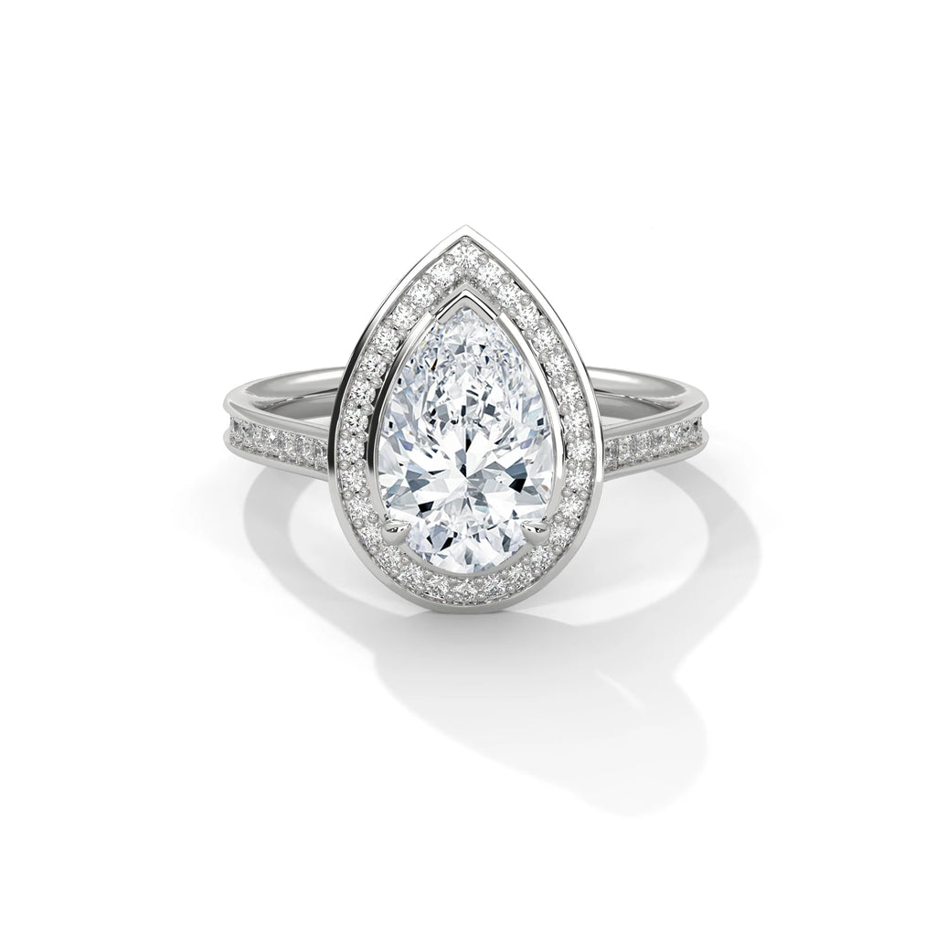 Pear Cut Halo Moissanite Engagement Ring 925 Sterling Silver Pave Set Wedding Band