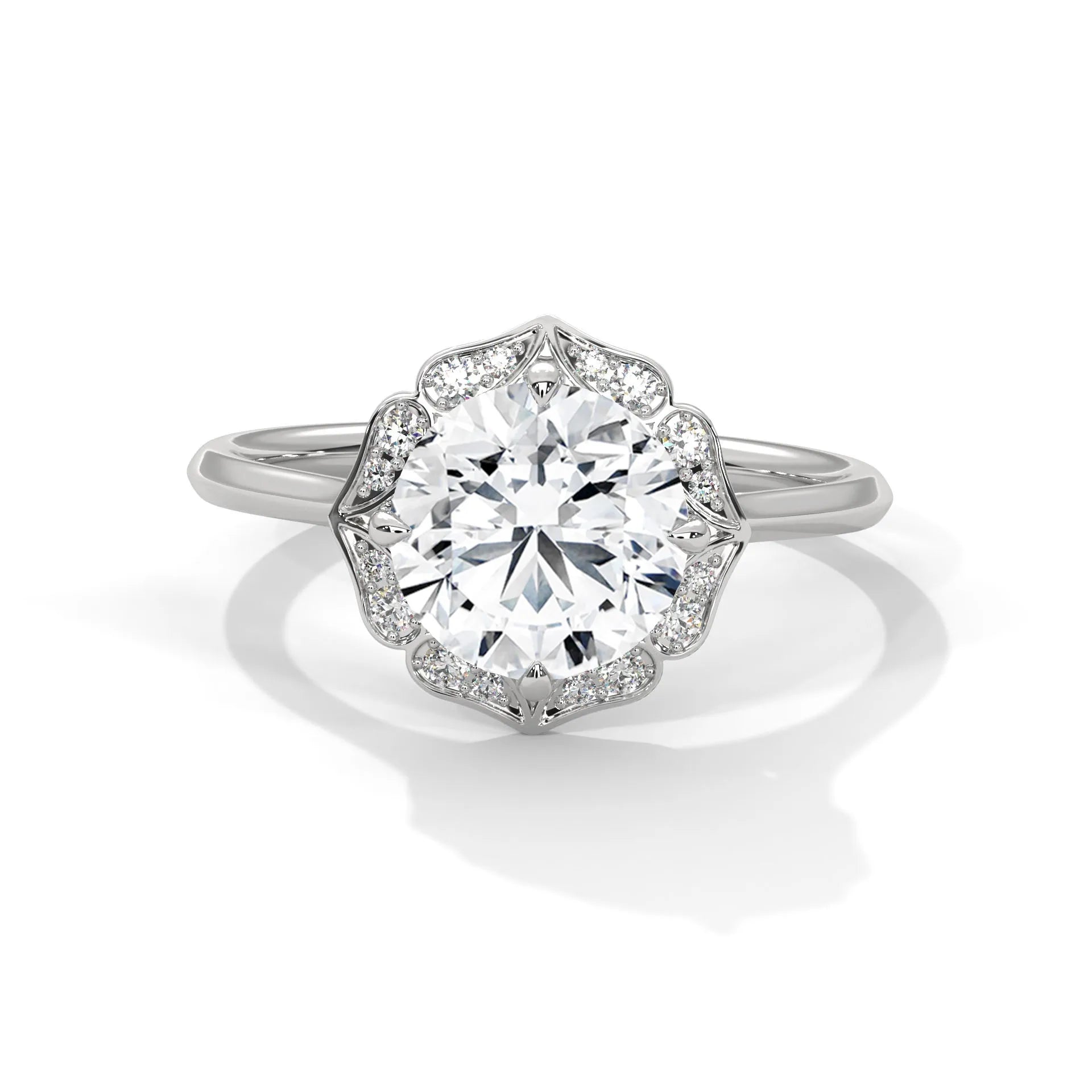 2.0ct Round Brilliant Cut Moissanite Floral Halo Solitaire Ring 925 Sterling Silver
