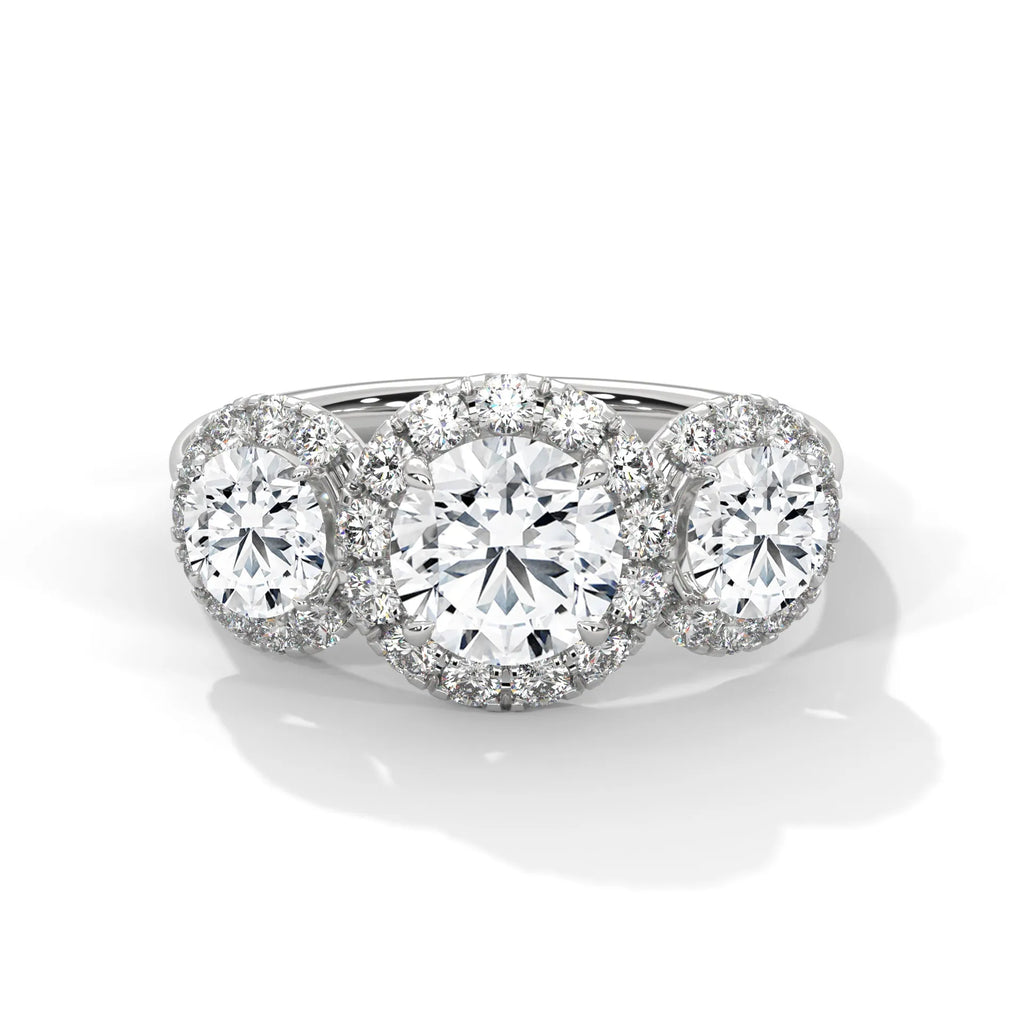 1.0ct Round Brilliant Cut Moissanite 3-Stone Halo Ring 925 Sterling Silver Engagement Band
