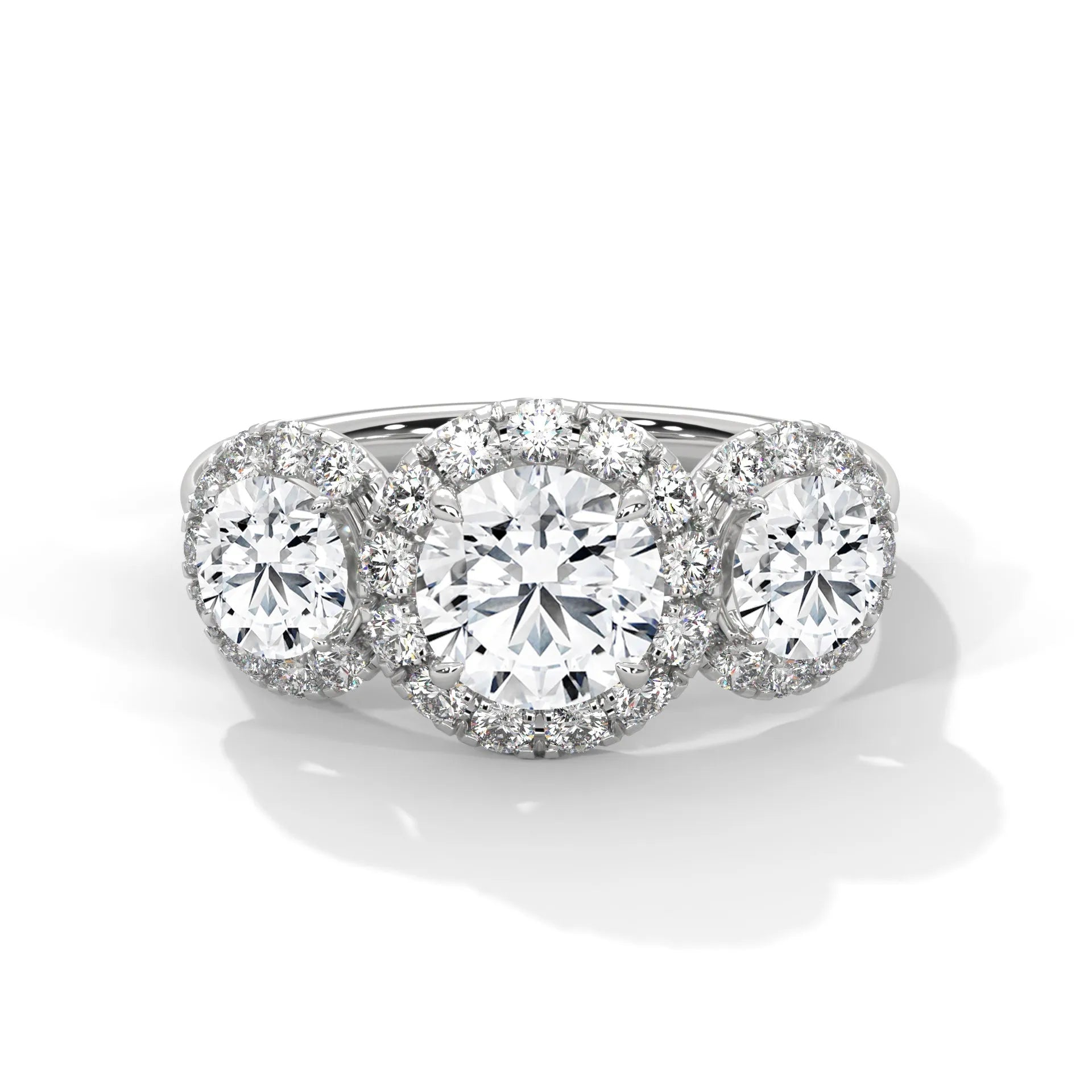 1.0ct Round Brilliant Cut Moissanite 3-Stone Halo Ring 925 Sterling Silver Engagement Band