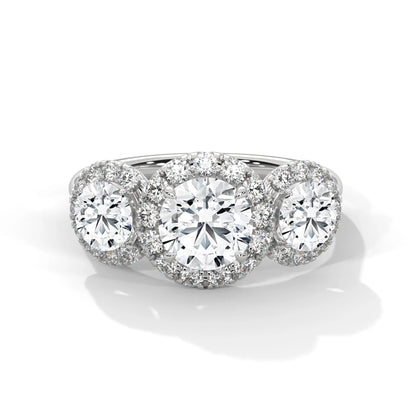 1.0ct Round Brilliant Cut Moissanite 3-Stone Halo Ring 925 Sterling Silver Engagement Band