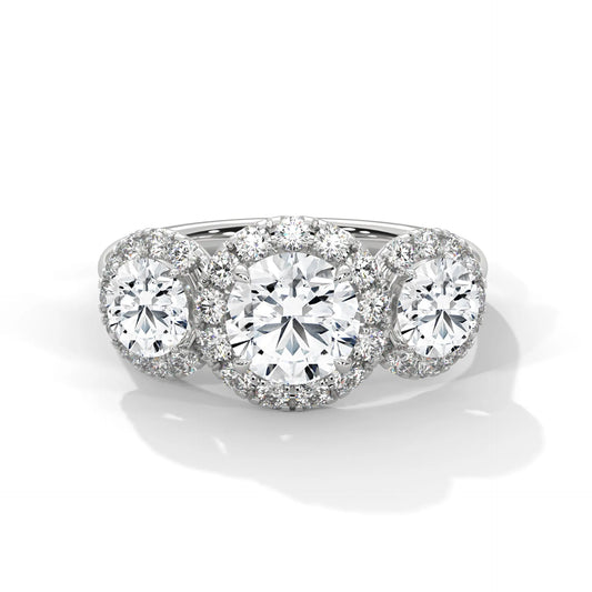 1.0ct Round Brilliant Cut Moissanite 3-Stone Halo Ring 925 Sterling Silver Engagement Band