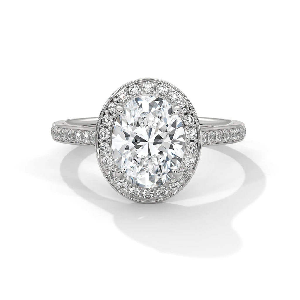2.0ct Oval Cut Moissanite Halo Solitaire Ring with Pave Set Band 925 Sterling Silver