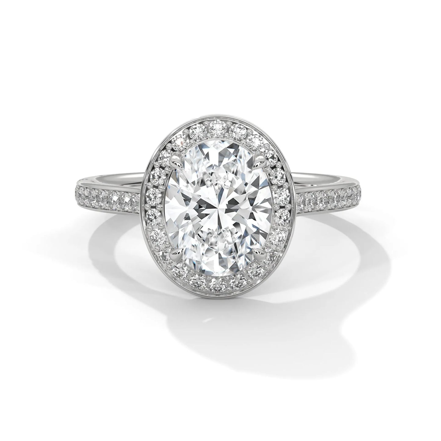 2.0ct oval cut moissanite halo solitaire ring with pave set band 925 sterling silver