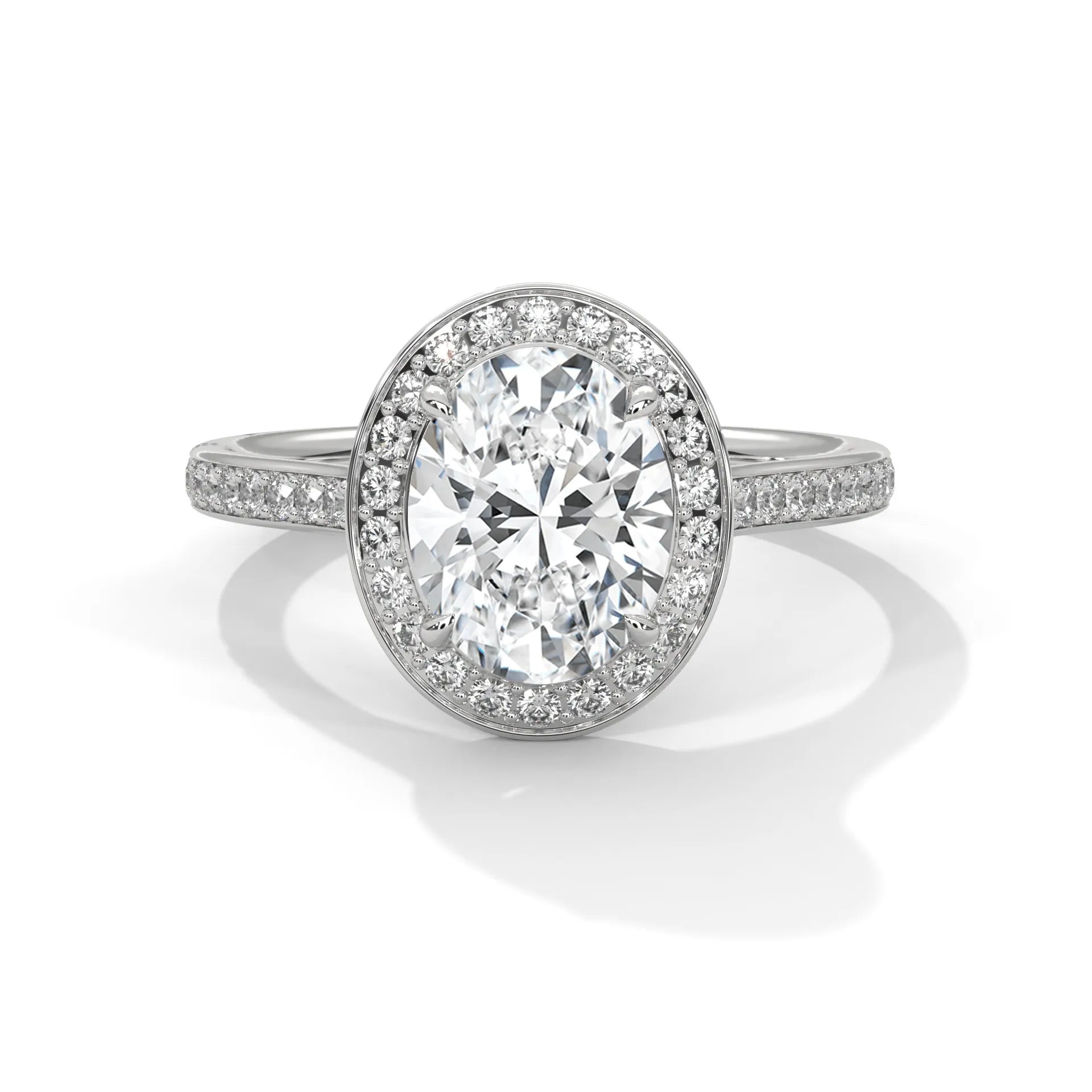 2.0ct Oval Cut Moissanite Halo Solitaire Ring with Pave Set Band 925 Sterling Silver