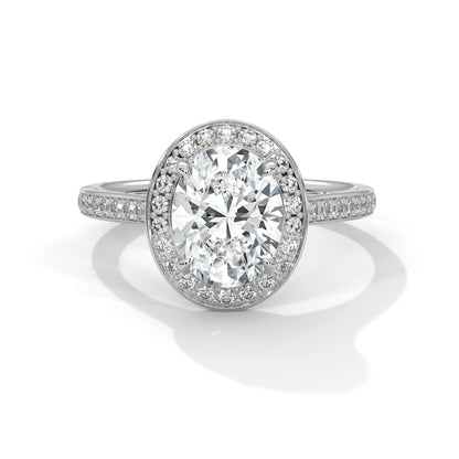 2.0ct Oval Cut Moissanite Halo Solitaire Ring with Pave Set Band 925 Sterling Silver