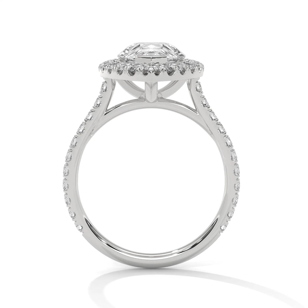 3.0ct Pear Cut Moissanite Halo Solitaire Ring with Pave Set Band 925 Sterling Silver
