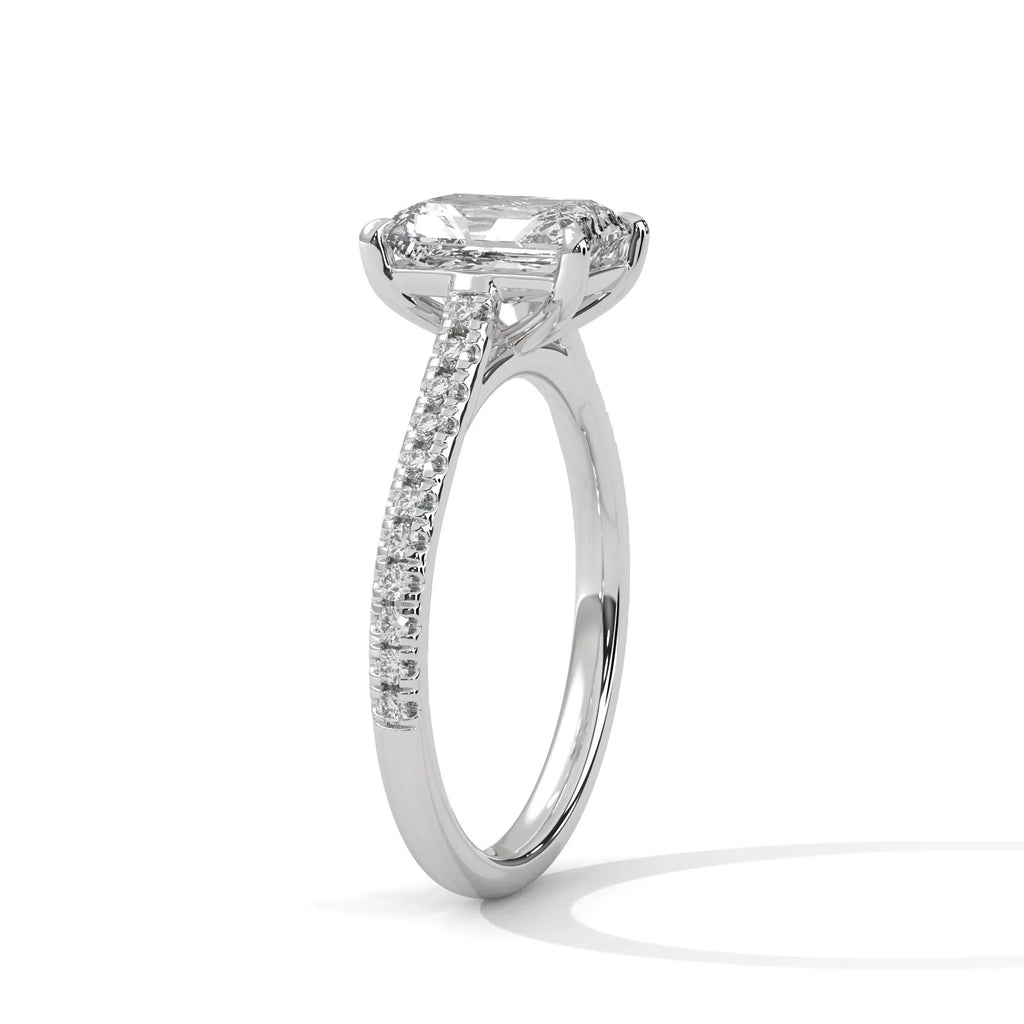 2.0ct Emerald Cut Moissanite Solitaire Ring with Pave Set Band 925 Sterling Silver