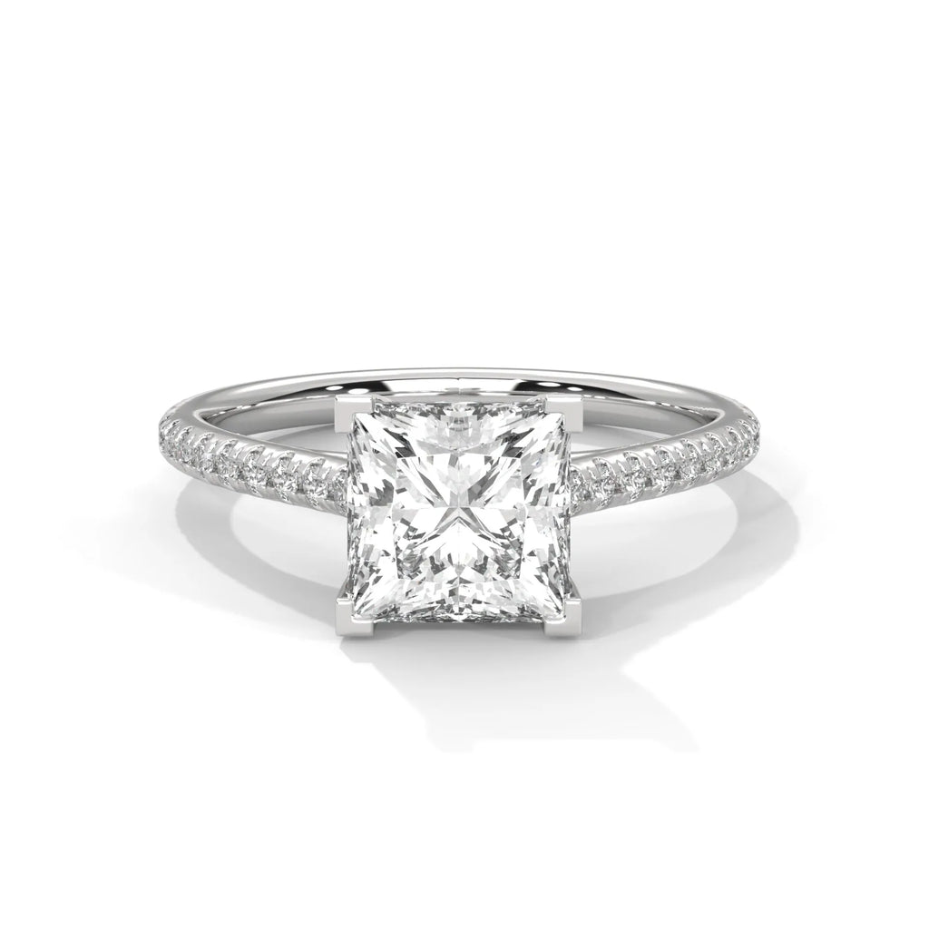 2.0ct Princess Cut Moissanite Solitaire Ring with Pave Set Band 925 Sterling Silver